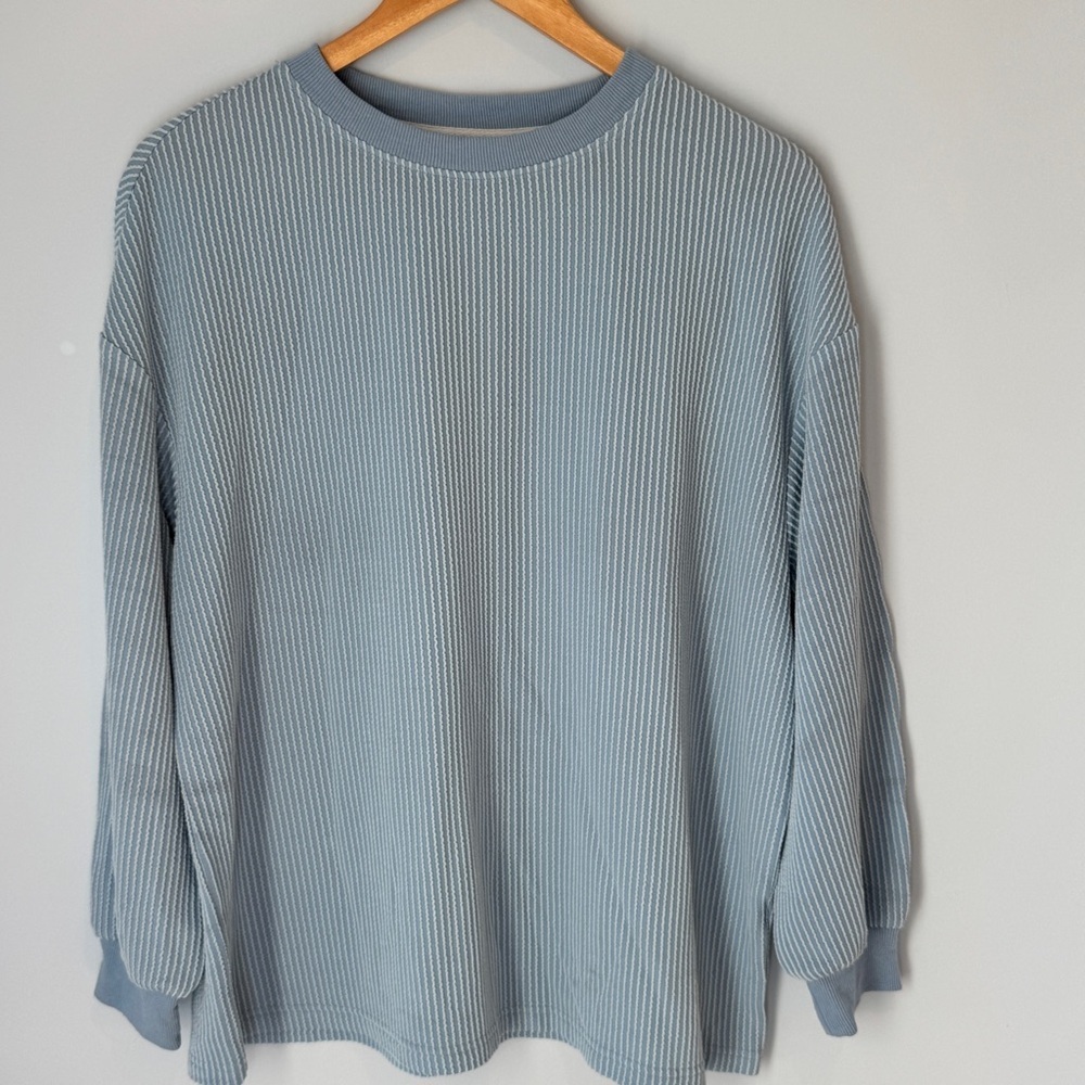 Pretty Garden Size Medium Ribbed Blue and White Striped Long-Sleeve Top
